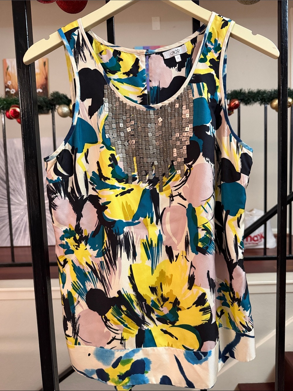Cache Floral Sequin Scoop Neck Cami - Yellow Teal Pink Black